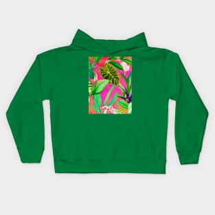 Stylish Tropical floral leaves and foliage botanical illustration, botanical pattern, tropical plants, pink orange leaves pattern over a Kids Hoodie